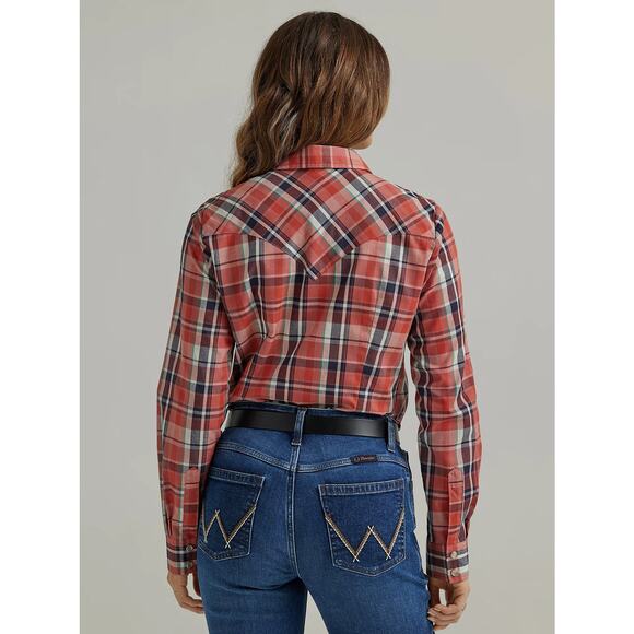 Women's Wrangler 112344676 Essential Western Red Orange Plaid Long Sleeve Shirt - Picture 8 of 9